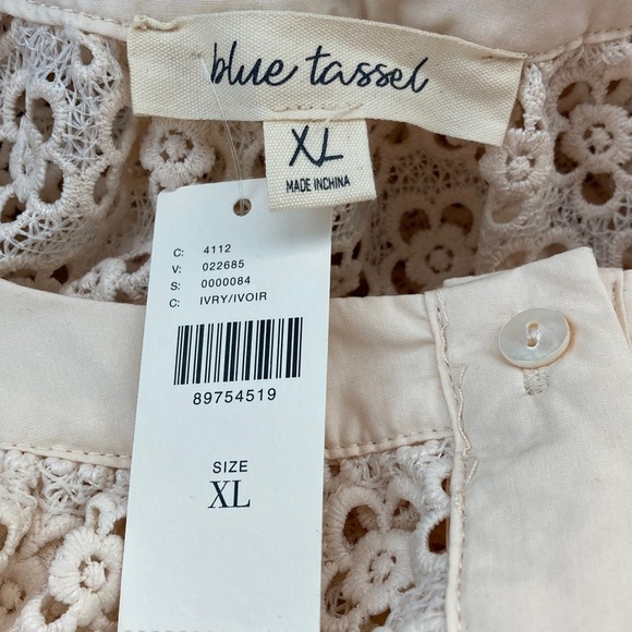 NWT Blue Tassel Puff-Sleeve Lace Blouse Embroidered Floral in Ivory Cream - Picture 7 of 12